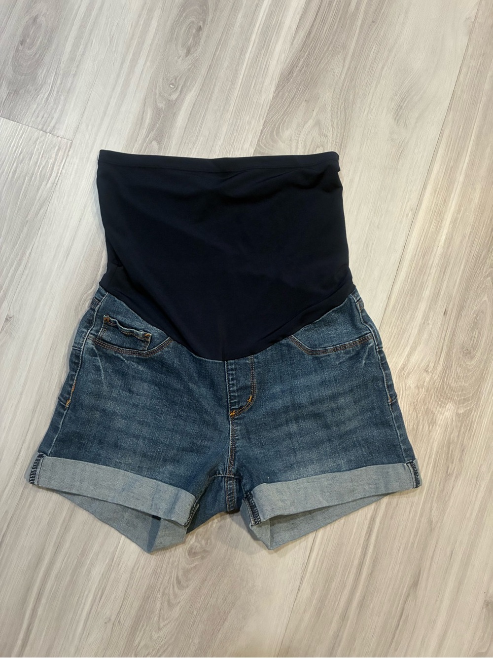 High-Waist Maternity Denim Shorts with Black Panel
